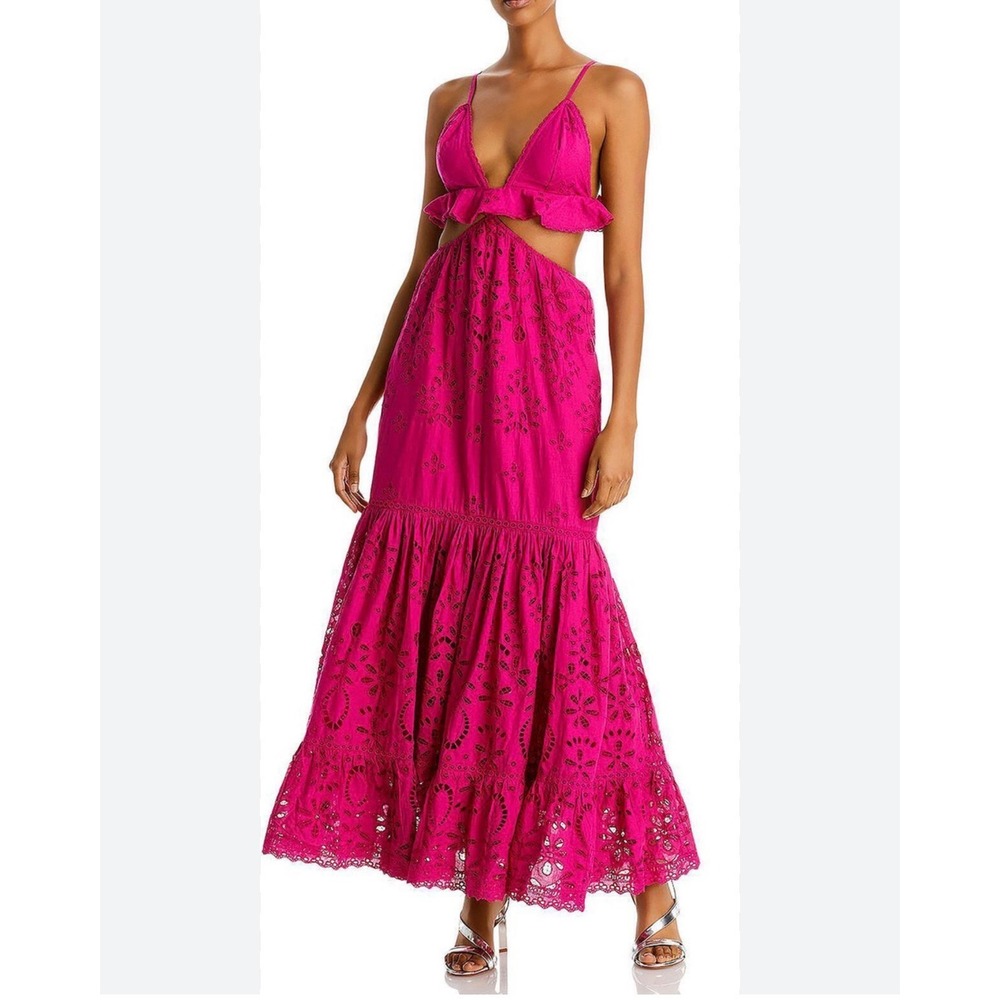 Rococo Sand Sasha Cutout Eyelet Maxi Dress Raspberry Pink NWT Boho Luxe Large